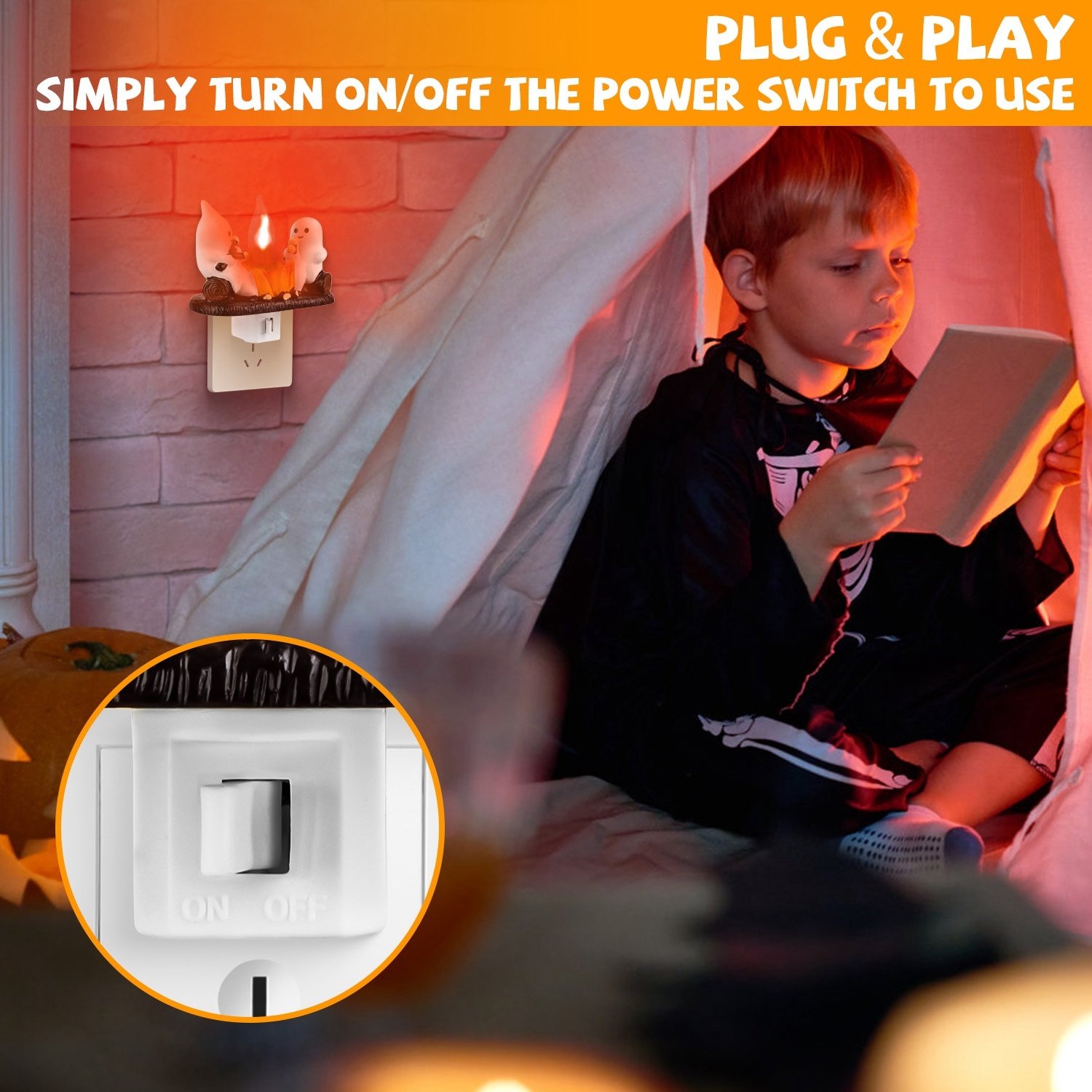 2Pcs Ghost Campfire Flickering Flame Night Light Indoor 3D Funny Halloween Nightlight Decoration Bedroom Night Light Halloween Decoration Gift For Friend Family - Image 5