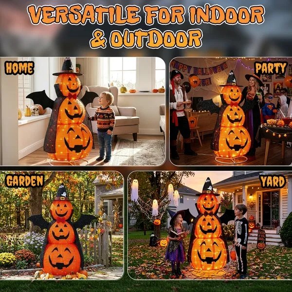 5ft Orange 3-Tier Retractable Fabric Pumpkin Halloween Light Decor With Cape & Wings, 130 Warm White LED String Lights, 4.5V 3.6W - Image 3