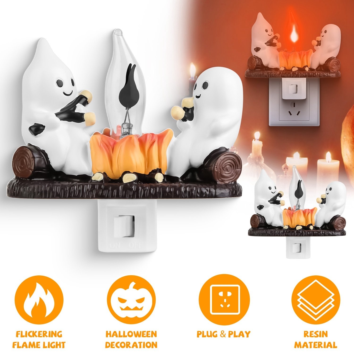 2Pcs Ghost Campfire Flickering Flame Night Light Indoor 3D Funny Halloween Nightlight Decoration Bedroom Night Light Halloween Decoration Gift For Friend Family - Image 9