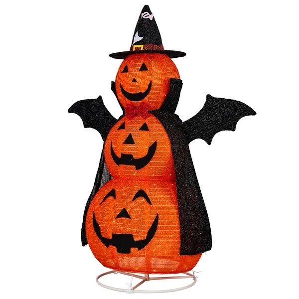 5ft Orange 3-Tier Retractable Fabric Pumpkin Halloween Light Decor With Cape & Wings, 130 Warm White LED String Lights, 4.5V 3.6W
