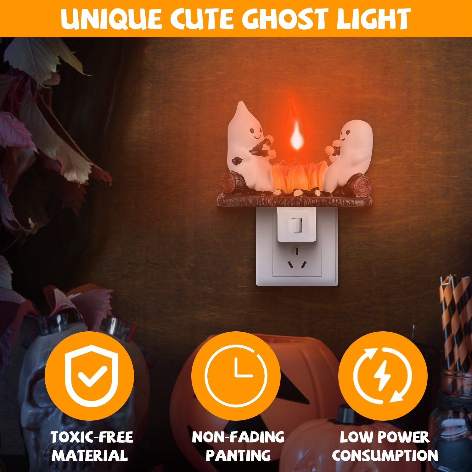 2Pcs Ghost Campfire Flickering Flame Night Light Indoor 3D Funny Halloween Nightlight Decoration Bedroom Night Light Halloween Decoration Gift For Friend Family - Image 2