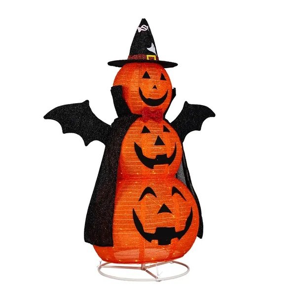 5ft Orange 3-Tier Retractable Fabric Pumpkin Halloween Light Decor With Cape & Wings, 130 Warm White LED String Lights, 4.5V 3.6W - Image 2