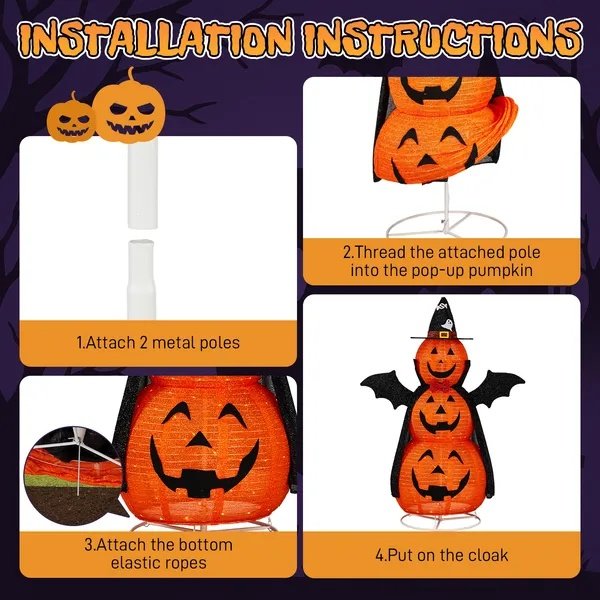 5ft Orange 3-Tier Retractable Fabric Pumpkin Halloween Light Decor With Cape & Wings, 130 Warm White LED String Lights, 4.5V 3.6W - Image 4