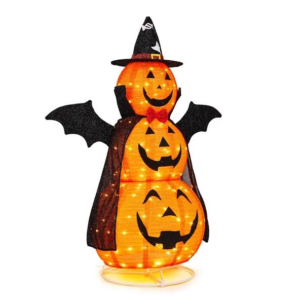5ft Orange 3-Tier Retractable Fabric Pumpkin Halloween Light Decor With Cape & Wings, 130 Warm White LED String Lights, 4.5V 3.6W - Image 5